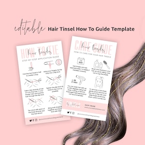 Hair Tinsels Application Guide Template, Editable Tinsel Hair Extensions Care Card, Printable Glitter Hairpiece How To Instructions, P01