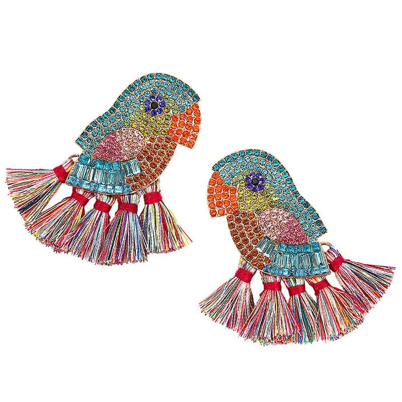 For Bird Earrings Lovers. Statement Parrot Crystal Bead Tassel Earrings