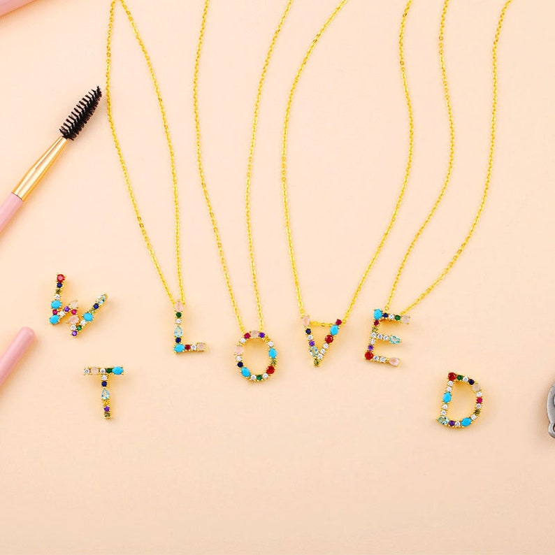 Cubic Zirconia Beaded Pendant Necklace Initial Pendant Necklace Letter Dainty Necklace Initial Jewelry Letter Pendant 18k Gold Plated