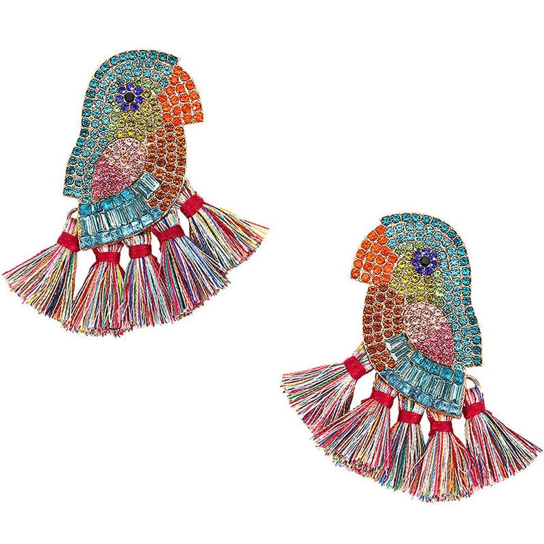 For Bird Earrings Lovers. Statement Parrot Crystal Bead Tassel Earrings