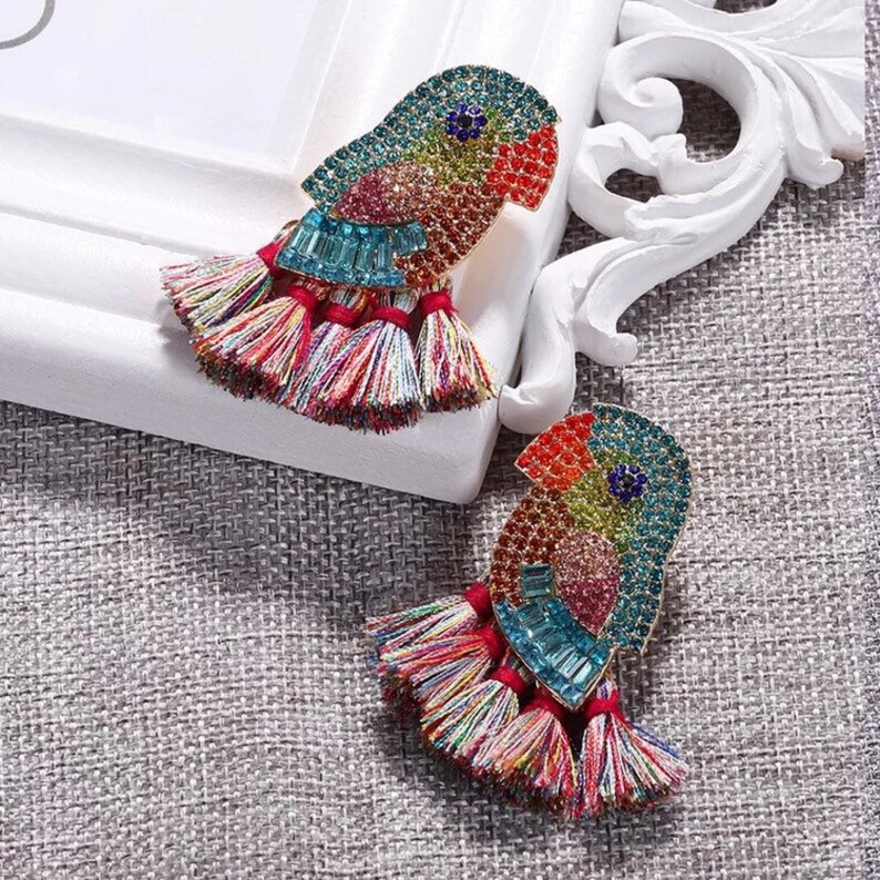 For Bird Earrings Lovers. Statement Parrot Crystal Bead Tassel Earrings