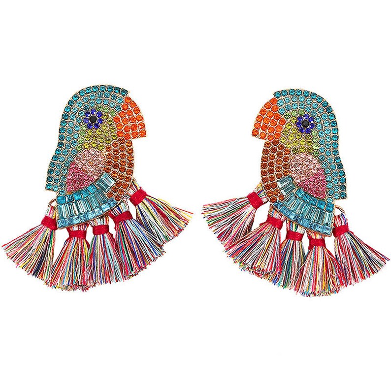 For Bird Earrings Lovers. Statement Parrot Crystal Bead Tassel Earrings