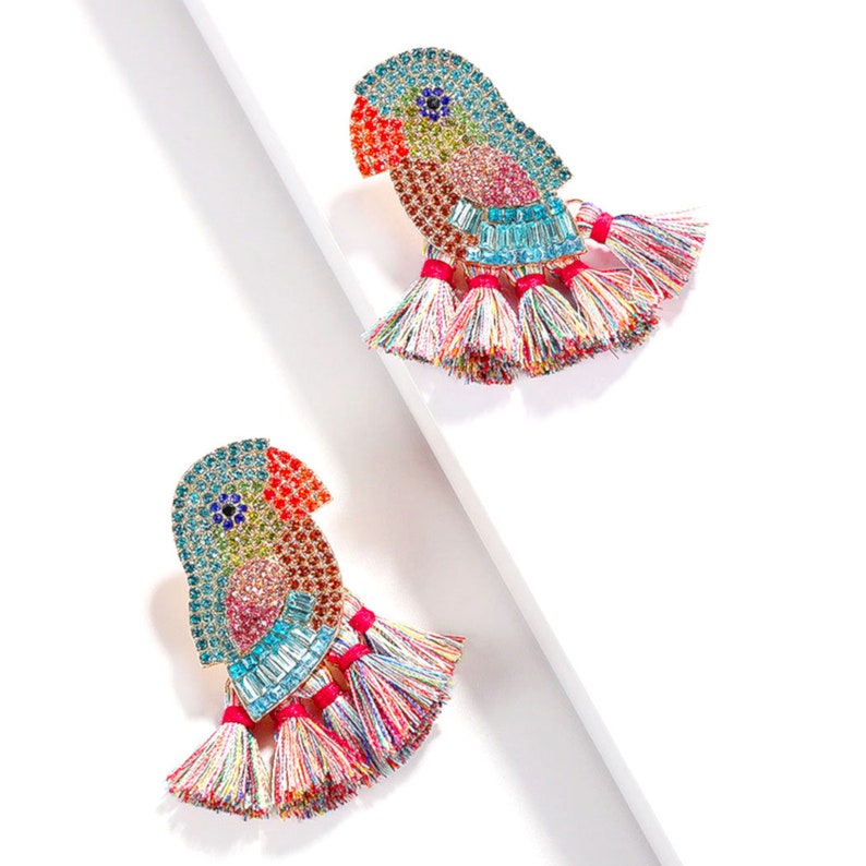 For Bird Earrings Lovers. Statement Parrot Crystal Bead Tassel Earrings