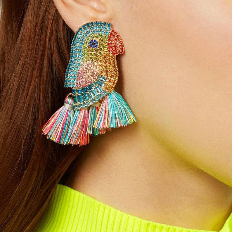 For Bird Earrings Lovers. Statement Parrot Crystal Bead Tassel Earrings