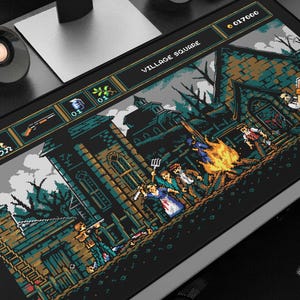 May include: A black and green pixelated video game themed mousepad featuring a scene from the game Resident Evil 4. The scene shows the character Leon Kennedy standing in a village square with other characters and a fire in the background. The text "VILLAGE SQUARE" is at the top of the mousepad.