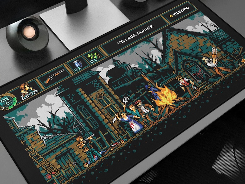 May include: A black and green pixelated video game themed mousepad featuring a scene from the game Resident Evil 4. The scene shows the character Leon Kennedy standing in a village square with other characters and a fire in the background. The text "VILLAGE SQUARE" is at the top of the mousepad.