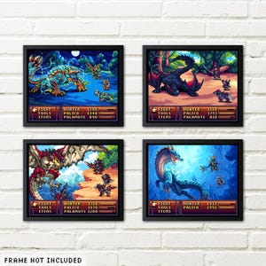 Impressão de arte pixelada de Monster Hunter: pôster de Rathalos, Zinogre, Lagiacrus e Nargacuga em 8 bits