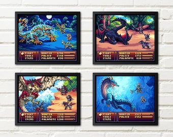 Monster Hunter Pixel Art Print: 8bit Rathalos, Zinogre, Lagiacrus, Nargacuga Poster