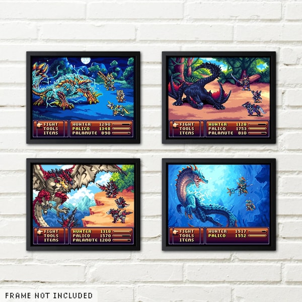 Impressão de arte pixelada de Monster Hunter: pôster de Rathalos, Zinogre, Lagiacrus e Nargacuga em 8 bits