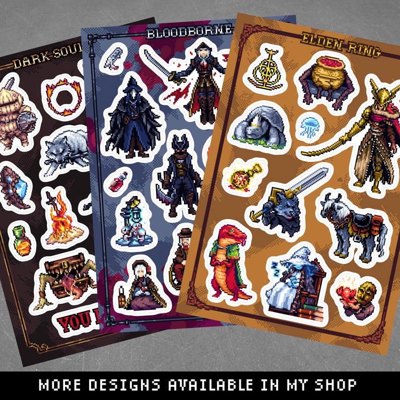 May include: Three sheets of stickers featuring characters and items from the video games Dark Souls, Bloodborne, and Elden Ring. The stickers are pixelated and feature a variety of colors, including brown, gold, red, blue, and white.