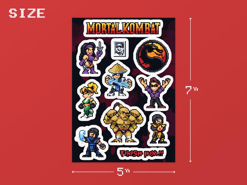 May include: A sheet of Mortal Kombat stickers featuring pixelated characters and the game's logo. The stickers are approximately 5 inches wide and 7 inches tall. The background is a solid red color.