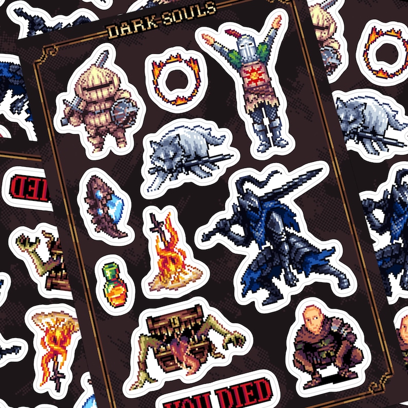 May include: A set of Dark Souls themed stickers featuring characters, items, and the iconic "You Died" message. The stickers are pixelated and have a retro video game aesthetic.