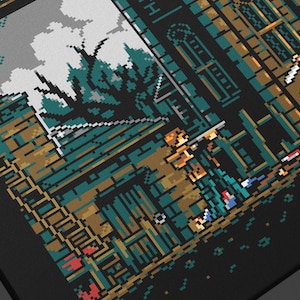 May include: Pixel art style illustration of a video game scene. The scene depicts a dark, shadowy forest with a building in the background. Two characters are visible in the foreground, one holding a gun and the other holding a sword. The characters are facing the forest.