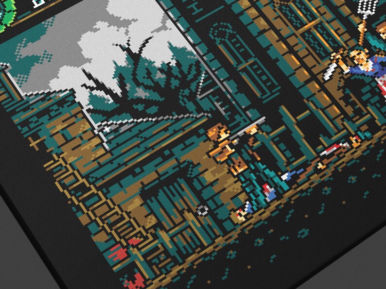 May include: Pixel art style illustration of a video game scene. The scene depicts a dark, shadowy forest with a building in the background. Two characters are visible in the foreground, one holding a gun and the other holding a sword. The characters are facing the forest.