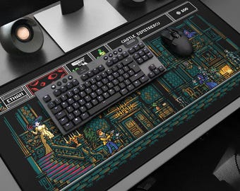 May include: A black gaming mouse and keyboard sit on a large mousepad with a pixelated video game design. The mousepad features a castle scene with characters and the text "CASTLE DIMITRESCU" and "ETHAN".