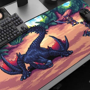 May include: A pixelated mouse mat featuring a dark blue dragon with red accents, set against a landscape with pixelated characters. A black mouse and keyboard are visible on the desk.