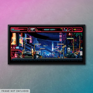May include: A framed pixel art print depicting a futuristic cityscape at night. The artwork features neon signs, cars, and figures with weapons. The text "NIGHT CITY" is visible, along with other pixelated details. The frame is black.