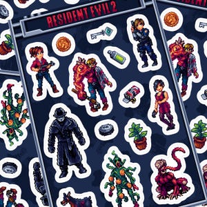 Resident Evil 2 Pixel Art Sticker Bogen mit Leon Kennedy Claire Redfield Ada, wasserfester, klarer, matter Aufkleber für Gamer Videospiele