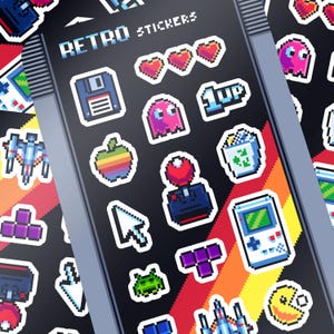 Retro Gaming Pixel Art Sticker Bogen mit Arcade Gameboy Joyjoy PC Apple 80er 90er Jahre, wasserdichte, klare, matte Aufkleber für Gamer Videospiele