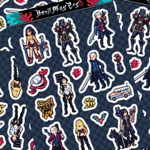 Devil May Cry V Pixel Art Sticker Sheet mit Dante Virgil Nicole Nero Lady Trish Wasserdichte, klare, matte Aufkleber für Gamer Videospiele