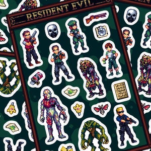 Resident Evil Pixel Art Sticker Bogen mit Chris Redfield Jill Valentine Wesker, wasserdichte, klare, matte Aufkleber für Gamer Videospiele