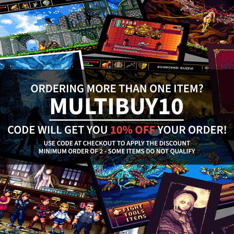 May include: A digital illustration of a video game with the text "ORDERING MORE THAN ONE ITEM? MULTIBUY10 CODE WILL GET YOU 10% OFF YOUR ORDER! USE CODE AT CHECKOUT TO APPLY THE DISCOUNT MINIMUM ORDER OF 2 - SOME ITEMS DO NOT QUALIFY"