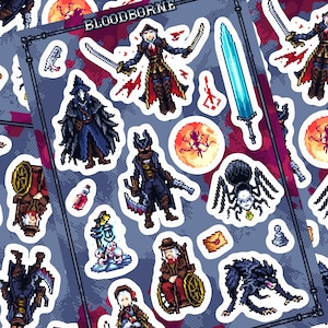 Blooddose Pixel Art Sticker Sheet mit Jäger Eileen the Crow Lady Maria, wasserfeste, klare, matte Aufkleber für Gamer Videospiele