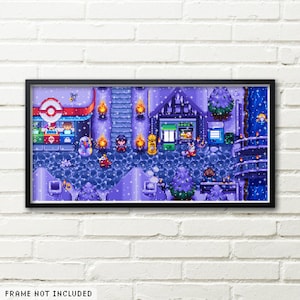 May include: A pixelated video game scene depicting a snowy town. The scene features a building with a sign that reads "TRUCKS". There are several characters in the scene, including a person with a blue hat and a red shirt, a person with a green hat and a red shirt, and a person with a blue hat and a blue shirt. The scene is set against a blue sky with white clouds.