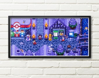 May include: A pixelated video game scene with a snowy town. The scene features a building with a sign that reads "TRUCKS". There are several characters in the scene, including a person with a blue hat and a red shirt, a person with a green hat and a red shirt, and a person with a blue hat and a blue shirt. The scene is set against a blue sky with white clouds.