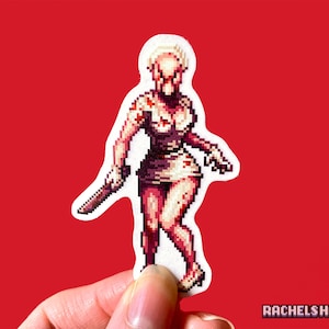 May include: A pixelated sticker of a female character from a video game. She is wearing a white dress with red stains and holding a bloody knife. The sticker is on a red background.