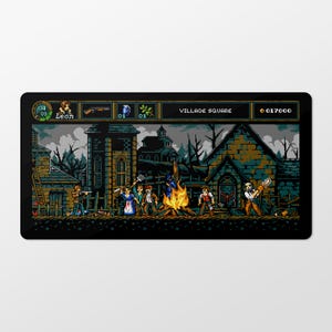 May include: A video game screen capture showing a scene from a horror game. The scene is set in a village square at night. There are several characters in the scene, including a character named Leon. The text "Village Square" is displayed at the top of the screen, along with the player's score of 017000.