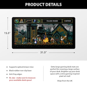 May include: A large black gaming mouse pad with a retro pixel art design featuring a scene from a video game. The scene shows characters in a village square with a campfire. The mouse pad is 31.5 inches wide and 15.5 inches tall. It has a non-slip base and anti-fray edges.