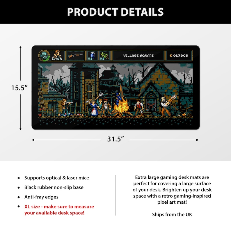 May include: A large black gaming mouse pad with a retro pixel art design featuring a scene from a video game. The scene shows characters in a village square with a campfire. The mouse pad is 31.5 inches wide and 15.5 inches tall. It has a non-slip base and anti-fray edges.