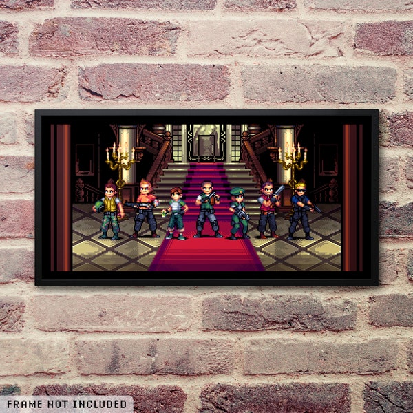 RE1 Charaktere Pixel Art Print: Chris, Jill, Wesker - 8bit Resident Evil Poster