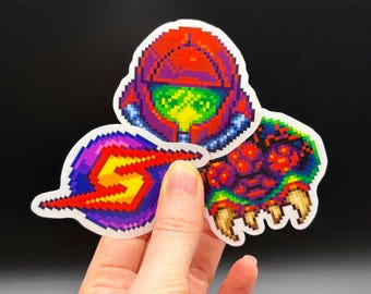 Metroid Set of 3 Pixel Art Stickers: Waterproof Matte Vinyl with Clear Outline