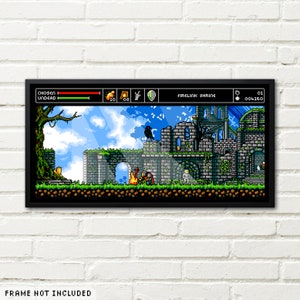 Poster di alta qualità in pixel art a 8 bit del videogioco Dark Souls, remake retrò del Santuario del Fuoco.