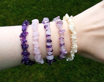 Genuine Gemstone Bracelets – Amethyst Bracelet, Rose Quartz Bracelet, Ametrine Bracelet, Mother of Pearl Bracelet, Gemstone Chip Bracelets