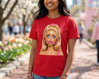 Stressed Blonde Doll Face T Shirt, Plastic Panic Graphic Tee, Funny Glam Anxiety Shirt, Pink Pop Culture Dollcore Top