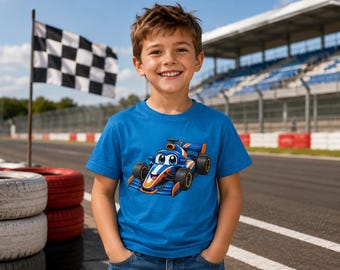 Cute Formula Racing Car T-Shirt, Smiling Cartoon Race Car Tee, Blue And Orange Motorsport Shirt For Kids And Speed Fans