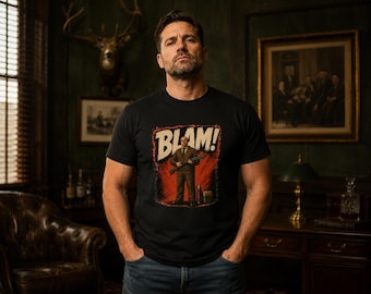 Blam Retro Dark Humor T Shirt, Deadpan Shotgun Man Graphic Tee, Vintage Pulp Horror Design, Unisex Action Movie Parody Shirt