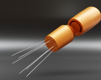 May include: A gold-colored cylindrical object with multiple silver wires extending from one end. The object is split into two parts, revealing an interior design. The background is a gradient of dark gray.