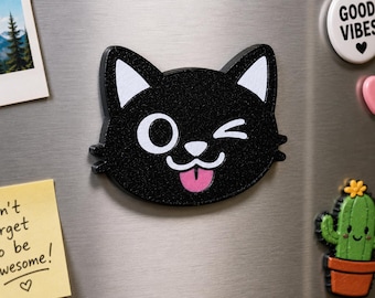 Cute Winking Cat Fridge Magnet, Cat Lover Gift, Kawaii Cat Magnet, Fun Kitchen Decor, Black Cat Fridge Magnet