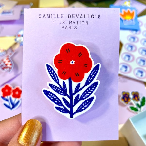 Broche fleurs bleue et rouge