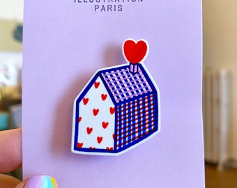 Broche maison cœurs et vichy