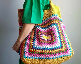 Large Crochet Bag, Granny Crochet Bag, Crochet Bag Handmade, Crochet Bag For Sale, Crochet Granny Square Bag, Crochet Boho Bag, Shopping Bag
