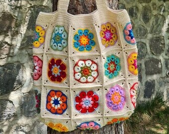 African Flower Crochet Bag, Granny Crochet Bag Handmade, Crochet Bag For Sale, Crochet Granny Square Bag, Crochet Boho Shopping Bag