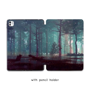 May include: A tablet case featuring a forest scene with tall trees and a misty atmosphere. The design includes a pencil holder and a dark color palette with shades of green, blue, and purple. The text "with pencil holder" is at the bottom.