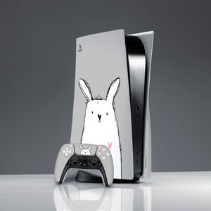 Cute white bunny PS skin gray Kawaii pink heart PS skin animal Simple art skin PS 5 console cover Sticker wrap ps 5 controller console skin