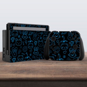 switch skin black switch skin cute animals skin blue pattern kawaii aesthetic vinyl sticker decal for console dock controller joycon joy con
