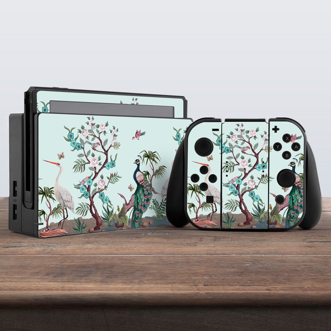 Peacock and Peonies. Nintendo Switches Skin Floral Skin Sticker Wrap